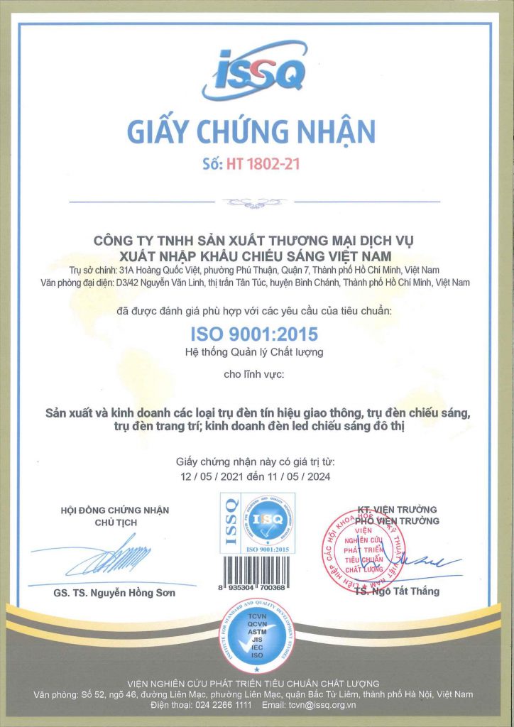 Top 10 Công ty cung cấp thiết bị chiếu sáng đô thị uy tín chuyên nghiệp 3 Chứng nhận ISO 9001-2015
