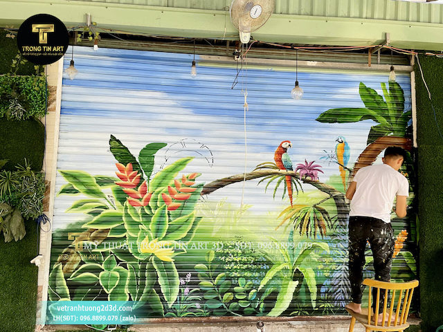 Báo giá Vẽ tranh cửa cuốn đẹp ấn tượng nhất 2024 14 ve tranh tren cua cuontranh hoa la nhiet doi tropical 2 scaled 1