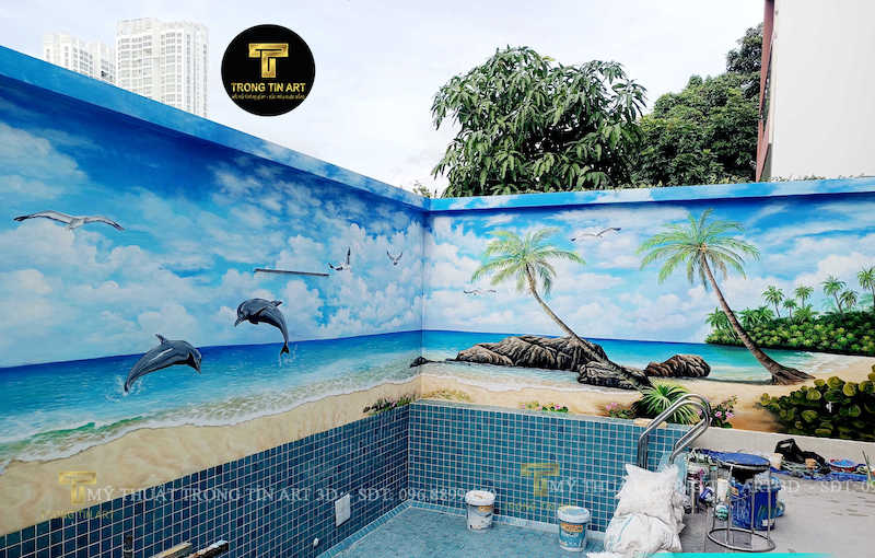 Gợi ý 100 mẫu tranh tường vẽ trang trí bể bơi, hồ bơi, khu vui chơi nước 12 ve tranh tuong ho boi 5